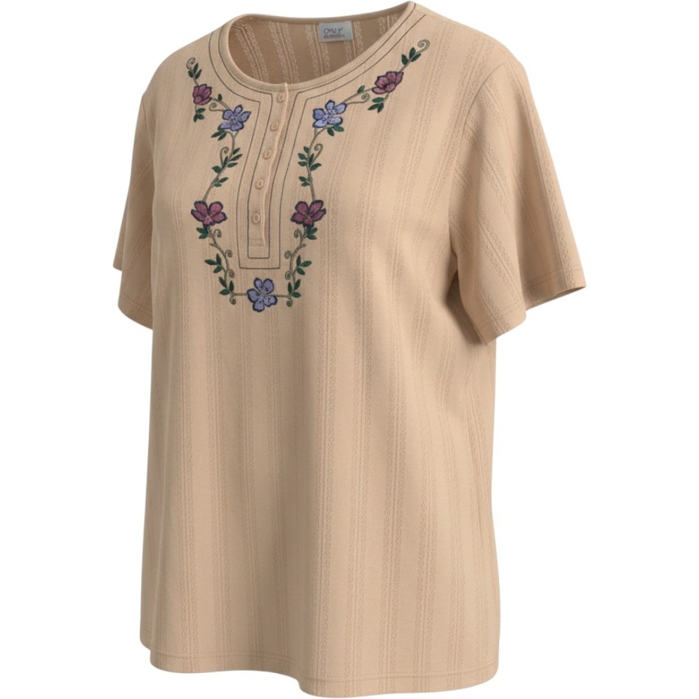 Vintage Only Necessities Women 2X Beige Floral Embroidered Henley Top